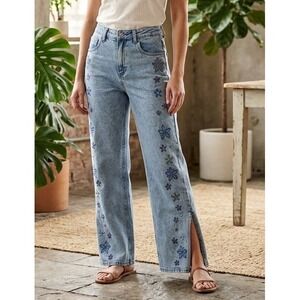 Y2K Vtg NOON Floral Embroidered Straight Leg Denim Jeans Women W28" L29" EU36